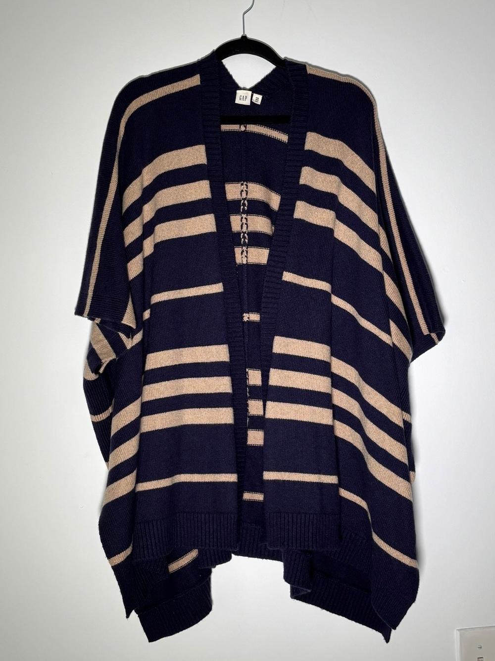 Gap Womens One Size Navy Camel Striped Open Front Poncho Cape Cardigan Wool